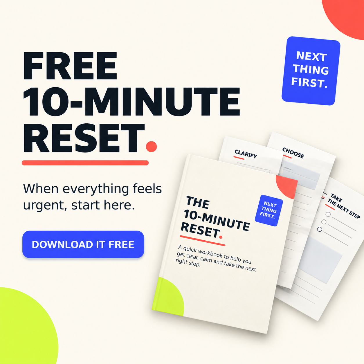 Preview of the free Next Thing First 10-Minute Reset workbook